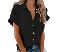 Women's Short Sleeve Shirts V Neck Collared Button Down Shirt Tops with Pockets (black, XS)