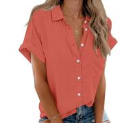 Women's Short Sleeve Shirts V Neck Collared Button Down Shirt Tops with Pockets (orangered, 3XL)
