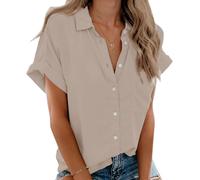 Women's Short Sleeve Shirts V Neck Collared Button Down Shirt Tops with Pockets (White, L)