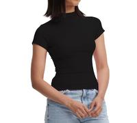 Womens Short Sleeve/Sleeveless Mock Turtleneck Stretch Fitted Underscrubs Layer Tee Tops, Short Sleeve Crop Black, M