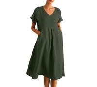 Women's Short Sleeve Summer Dresses Midi V Neck Loose Fit Holiday Beach Dresses Vacation Casual Knee Length Lounge House Shirt Dress Girls Ladies Draped Ruffle A-Line Long Sundress with Pockets