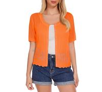 Women's Short Sleeve Summer Hollow Out Crew Neck Button Down Cardigan Sweater