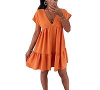Women's Short Sleeve Summer New V Neckline Frill Swing Layered Smock Top Ladies Pleated Ruffle Mini Holiday Beach Dress Casual Loose Flared Swing T-Shirt Tops (Orange, UK 12)