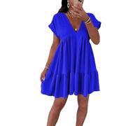 Women's Short Sleeve Summer New V Neckline Frill Swing Layered Smock Top Ladies Pleated Ruffle Mini Holiday Beach Dress Casual Loose Flared Swing T-Shirt Tops (Royal Blue, UK 14)