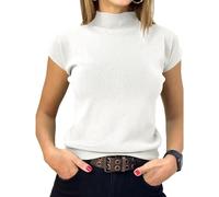 Women's Short Sleeve Sweater Mock Neck Summer Casual Basic Knit Slim Fitted Pullover Tops Shirt (White, M)