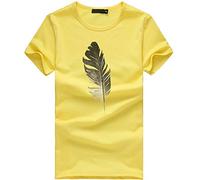 Women's Short Sleeve T-Shirt with Feather Printed Summer Tops Women's Loose Top Cotton Sports Sweatshirt Women Loose T-Shirt Tops Casual Blouse Tunic Women's Blouses Teenager Girls Tops Tee, yellow, S