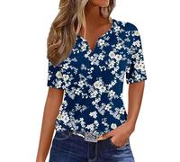 Womens Short Sleeve Tops 2025 Dressy V Neck Tunic Blouses Floral Print Henley Shirts Y2K Boho Summer Spring Outfits Button Pullover Tops Cute Printed Tees Loose Fit Loungewear Dark Navy M