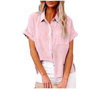 Womens Short Sleeve Tops Sale Women's Tops Trendy Solid Button Shirt Ladies Elegant V-Neck Loose T-Shirt Blouse Sale Clearance Cheap Baggy Tshirts UK Size