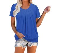 Women's Short Sleeve Tunic Tops Regular Fit Round Neck Solid Color T Shirts UK Ladies Pleated Tunics Work Blouse Summer Casual T-Shirt Going Out Tops Elasticated Hem