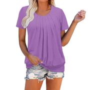 Women's Short Sleeve Tunic Tops Regular Fit Round Neck Solid Color T Shirts UK Ladies Pleated Tunics Work Blouse Summer Casual T-Shirt Going Out Tops Elasticated Hem