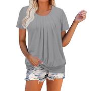 Women's Short Sleeve Tunic Tops Regular Fit Round Neck Solid Color T Shirts UK Ladies Pleated Tunics Work Blouse Summer Casual T-Shirt Going Out Tops Elasticated Hem
