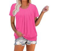 Women's Short Sleeve Tunic Tops Regular Fit Round Neck Solid Color T Shirts UK Ladies Pleated Tunics Work Blouse Summer Casual T-Shirt Going Out Tops Elasticated Hem