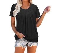 Women's Short Sleeve Tunic Tops Regular Fit Round Neck Solid Color T Shirts UK Ladies Pleated Tunics Work Blouse Summer Casual T-Shirt Going Out Tops Elasticated Hem