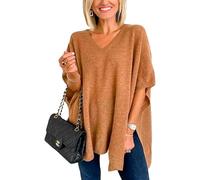 Womens Short Sleeve V Neck Pocho Sweater Fashion Side Slit Sweater Pullover Shawl Loose Fitting Ponchos Wraps Baggy Tops, Brown, M
