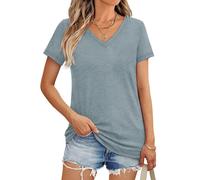 Women's Short Sleeve V-Neck T-Shirt - Solid Colour Casual Comfort Fit Soft Stretch Basic Tee Top for Everyday Wear Cyan