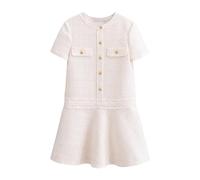 Women's Short Sleeve Work Dress, Casual Slim-Fit Button Round Neck Short Dresses with Pockets & Ruffle Hem, Elegant Office Faux Wool Textured Dresses for Ladies UK White