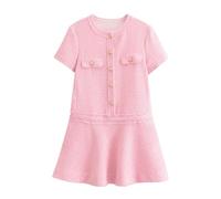 Women's Short Sleeve Work Dress, Casual Slim-Fit Button Round Neck Short Dresses with Pockets & Ruffle Hem, Elegant Office Faux Wool Textured Dresses for Ladies UK Pink