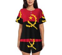 Women's Short-Sleeved Pajama Set - Comfortable Angola Flag Print Loungewear for Casual Wear and Vacation Nights, Black, S