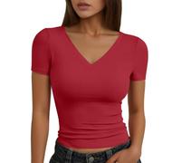 Women's Short-Sleeved T-Shirts V-Neck Top Women Sexy Slim Solid Colour Casual Summer Style Y2K Chic Elegant Versatile Everyday Going Out Streetwear Tight Comfortable Top Cheap