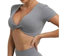 Women's Short Sleeves Yoga Crop Top Soft Comfy Workout Gym Tee Shirt Casual Elastic Tight Tees Essential Padded Athletic Cropped Top Grey L