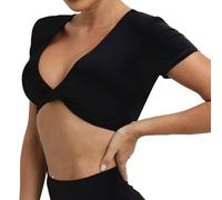 Women's Short Sleeves Yoga Crop Top Soft Comfy Workout Gym Tee Shirt Casual Elastic Tight Tees Essential Padded Athletic Cropped Top Black L