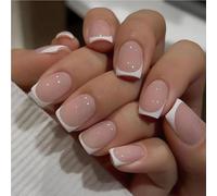 Women's short square false nails cute bridal heart-shaped white French tip imitation nails, press-on false nails(1,XS)