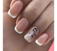 Women's short square false nails cute bridal heart-shaped white French tip imitation nails, press-on false nails(7,S)