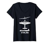 Women's Short Stirling British WW2 Bomber Plane Silhouettes V-Neck T-Shirt, Black, XX-Large
