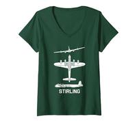 Women's Short Stirling British WW2 Bomber Plane Silhouettes V-Neck T-Shirt, Dark Green, X-Large