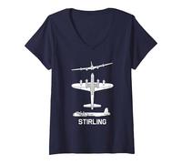 Women's Short Stirling British WW2 Bomber Plane Silhouettes V-Neck T-Shirt, Navy Blue, Large