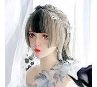 Women's Short Straight Cosplay Wigs Lolita Heat Resistant Synthetic Hair Piece Dyeing Sweet Girl Highlighted Daily Wig for Halloween Christmas Party (Grey)