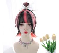 Women's Short Straight Cosplay Wigs Lolita Heat Resistant Synthetic Hair Piece Dyeing Sweet Girl Highlighted Daily Wig for Halloween Christmas Party (Pink)