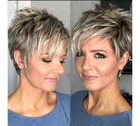 Women's short straight side-parted elf wig with Bangs Layered Straight mixed color machine-made chemical fiber wig for White and Black Women Daily Use