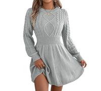 Womens Short Sweater Dress Crew Neck Long Puff Sleeve Slim Fit Mini Dress | Classic crew neck, long puff sleeves, slim-fit silhouette, below-knee length. Ribbed knit hugs curves