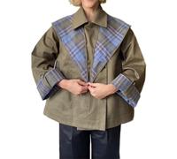 Women's Short Trench Coats Fall Notch Collar Plaid Reversible Oversized Jacket with Pockets (Olive,M)