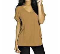 Womens Short Turn Up Sleeve V Neck Top Ladies Oversized Baggy T Shirt Pullover Top (Camel UK 20-22)