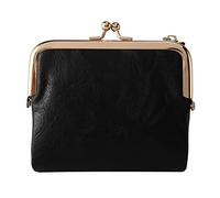 Women's Short Wallet Bifold Retro Multifunction Coin Purse with Zip and Kiss Lock Black