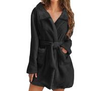 Women's Short Warm House Coat Bathrobe Cotton with Hood Sauna Gown Terry Towelling Dressing Gown Elegant Fluffy Travel Bathrobe Winter Comfortable Terry Cloth Coat with Belt Hooded Bathrobe, black,