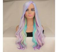 Women's Short Water Wavy Wig with Bangs Girls Synthetic Hair Cosplay Wig Rainbow Multi Color Party Cosplay Wigs-long