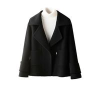 Women's Short Wool Pea Coat Notched Lapel Cropped Trench Coat with Pockets, Winter Warm Breasted Jacket(Black,S)