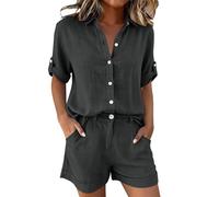 Womens Shorts Co Ord Sets Summer Breathable Short Sleeve Collared Shirt and Shorts Set Plus Size Soft Casual Chic Lounge Sets Summer Beach Holiday S-2XL Dark Gray