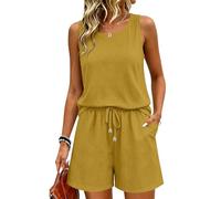 womens shorts co ord sets summer two piece beach vacation travel outfits airport set plus size sleeveless round neck cotton linen vest tops wide leg drawstring lounge shorts matching set
