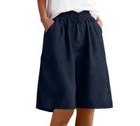 Womens Shorts Cotton Linen Shorts Summer Casual Capri Pants Elastic Waist Cropped Trousers Knee Length Bermuda Pocket Wide Leg Cargo Ladies Culottes Solid Loose Work Travel Golf Gym Beach UK Navy XL