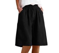Womens Shorts Cotton Linen Shorts Summer Casual Capri Pants Elastic Waist Cropped Trousers Knee Length Bermuda Pocket Wide Leg Cargo Ladies Culottes Solid Loose Work Travel Golf Gym Beach UK Black L