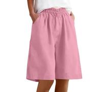 Womens Shorts Cotton Linen Shorts Summer Casual Capri Pants Elastic Waist Cropped Trousers Knee Length Bermuda Pocket Wide Leg Cargo Ladies Culottes Solid Loose Work Travel Golf Gym Beach UK Pink XL