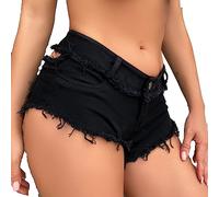 Womens Shorts Denim Stretch Plus Size Jeans Shorts Low Waist Denim Vintage Ripped Frayed Solid Button Zip Mini Sexy Hot Pants Going Out Nightclub Y2K Black S