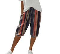Women's Shorts Knee Length Linen Shorts for Women Summer Elastic Waist Solid Shorts with Pockets Ladies Turn Up Capris Bermuda Casual Loose Comfy Baggy Cropped Trousers Beach Long Shorts for Women UK