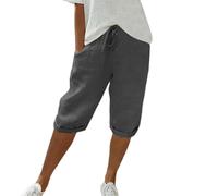 Women's Shorts Knee Length Linen Shorts for Women Summer Elastic Waist Solid Shorts with Pockets Ladies Turn Up Capris Bermuda Casual Loose Comfy Baggy Cropped Trousers Beach Long Shorts for Women UK
