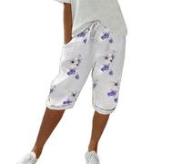 Women's Shorts Knee Length Linen Shorts for Women Summer Elastic Waist Solid Shorts with Pockets Ladies Turn Up Capris Bermuda Casual Loose Comfy Baggy Cropped Trousers Beach Long Shorts for Women UK
