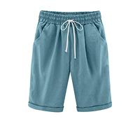 Women's Shorts Knee Length Straight Leg Drawstring Elasticated High Waist Trendy Ladies Holiday Essentials Bermuda Wide Leg Comfy Baggy Lounge Wear Cotton Casual Athletic Shorts with Pockets Sky Blue